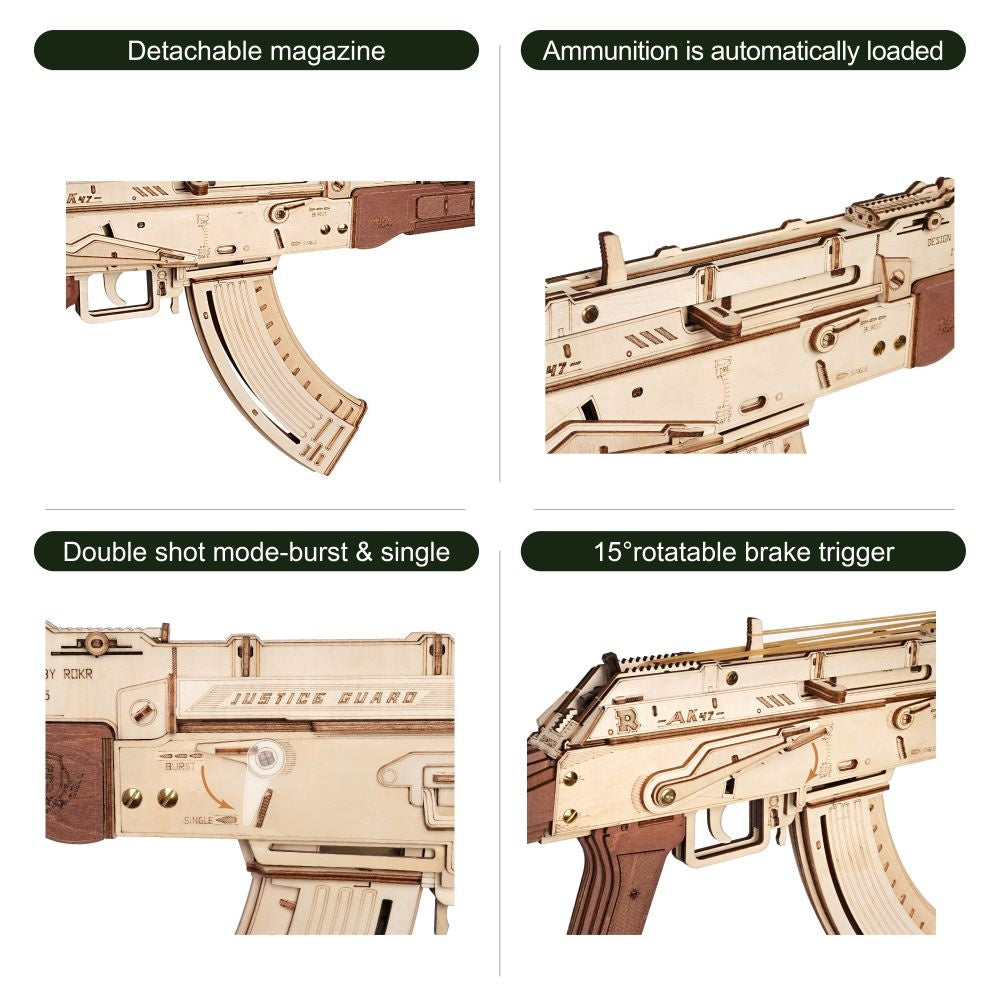 Rokr Automatic Rifle AK-47 Gift For Boys Wooden Puzzle Gun Double Firing Model